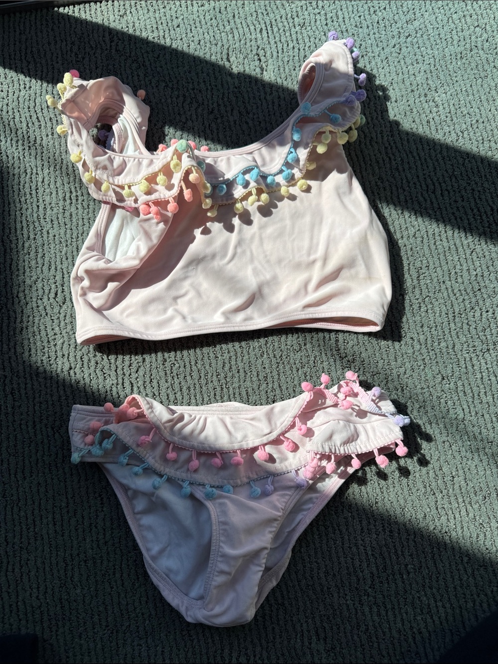 Pilyq Girls Light Pink Bikini with Rainbow Pom-Pom Trim